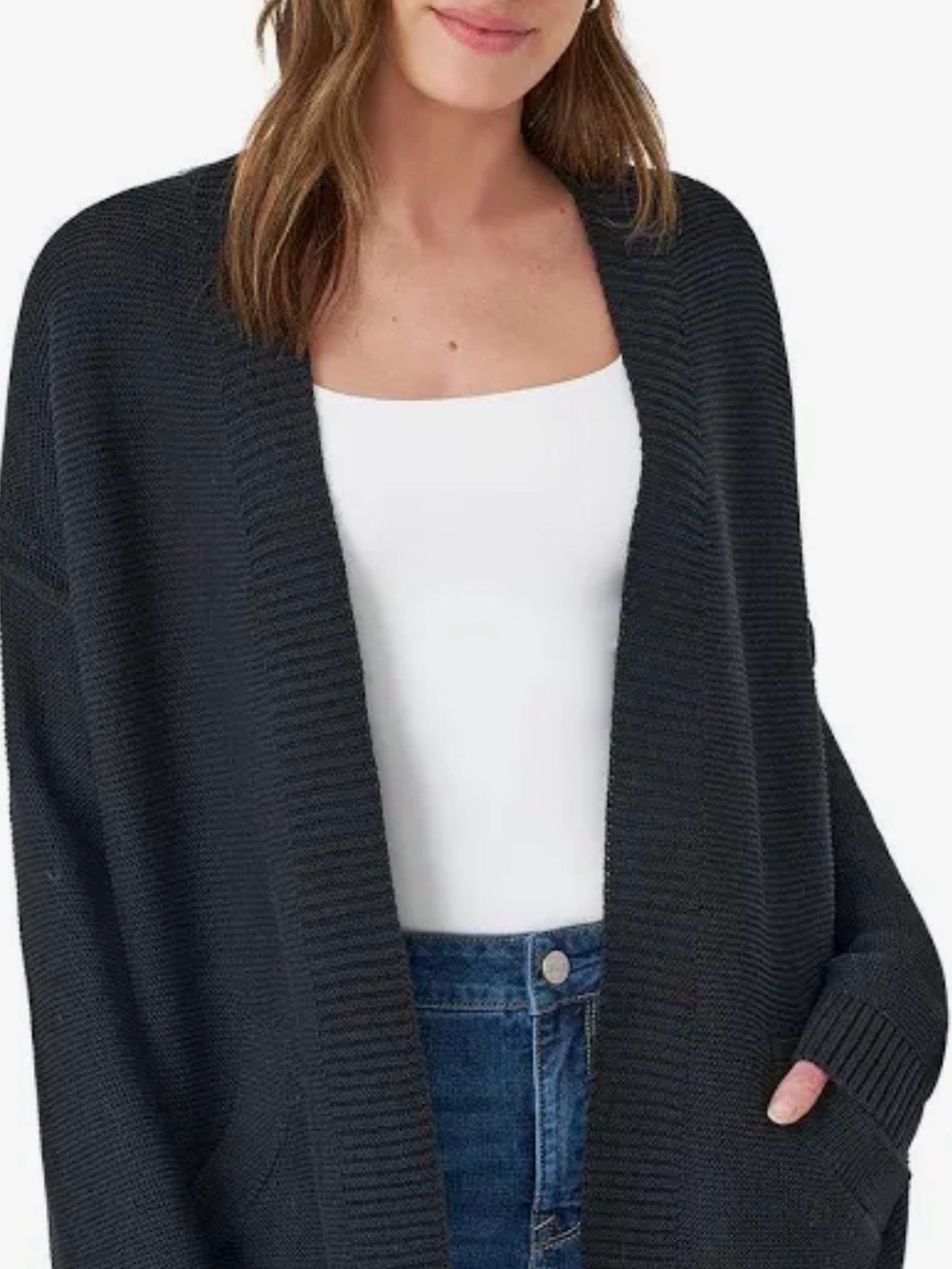 Seven7 Black Open-Front Ribbed Knit Women's Cardigan Sweater